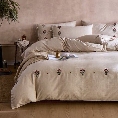Verbena Embroidered Floral Cotton Bedding Set - Wheat Cream