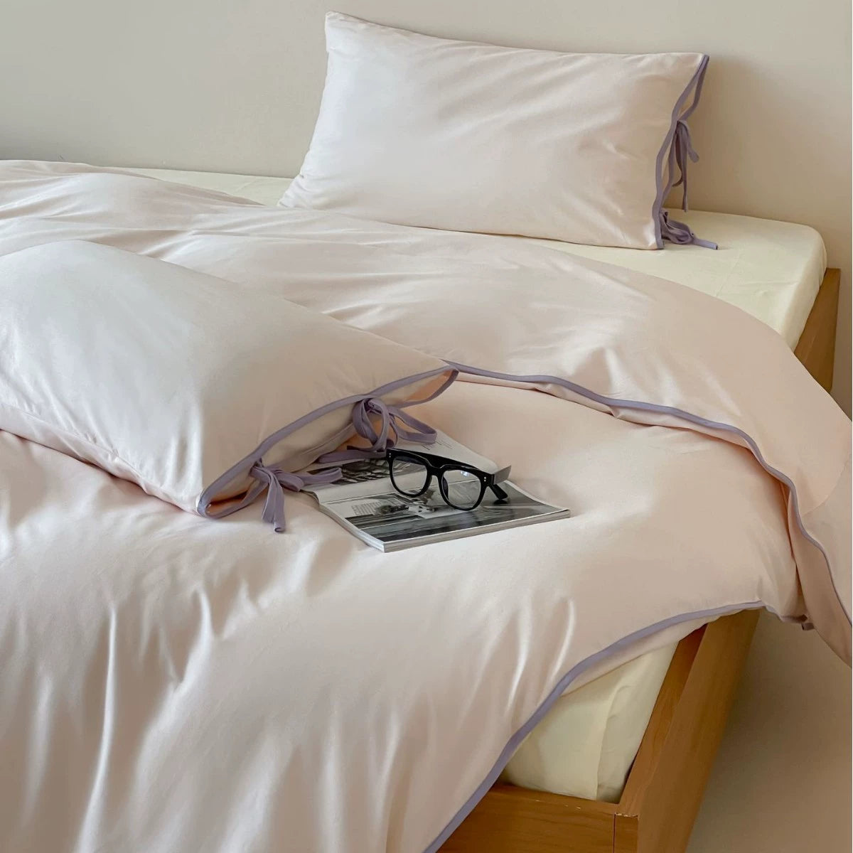 Cotton Tie-Knot Solid Bedding Set - Pink with Purple Ties