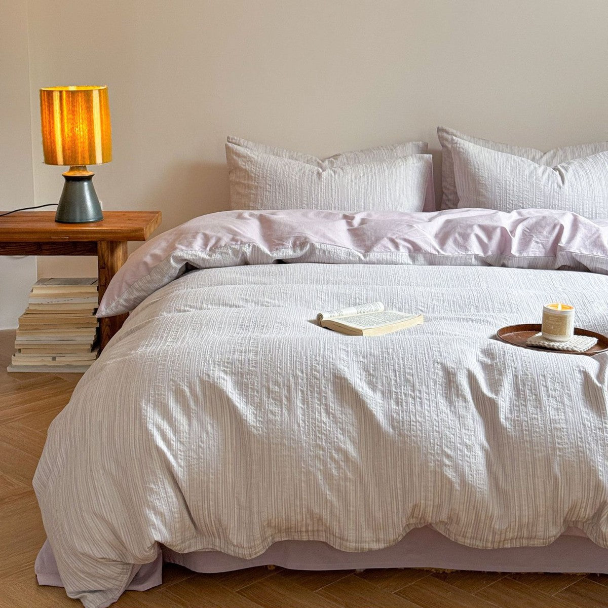 Maribel Striped Washed Cotton Bedding Set - Lilac Mist