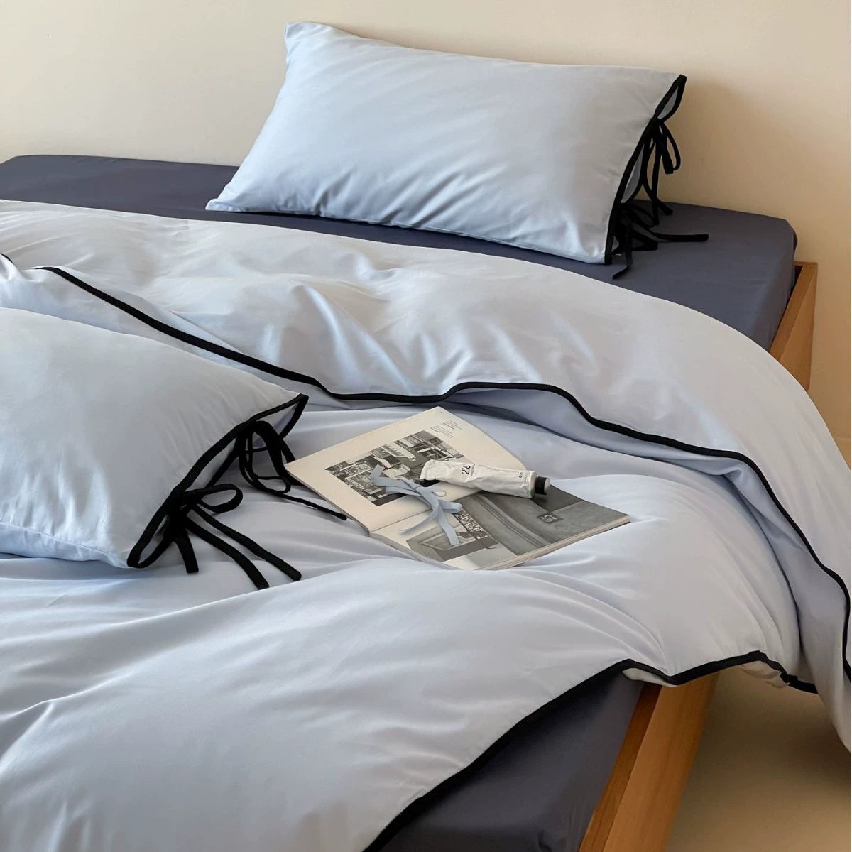 Cotton Tie-Knot Solid Bedding Set - Blue with Navy Blue Ties