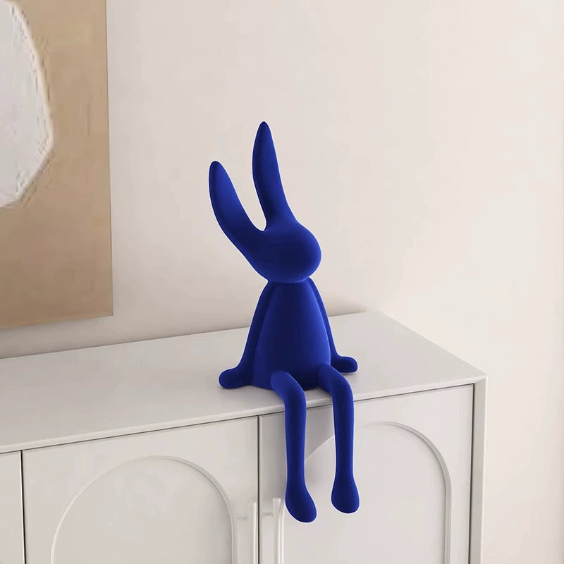 Cute Flocked Resin Long-Eared Rabbit Shelf Figurine