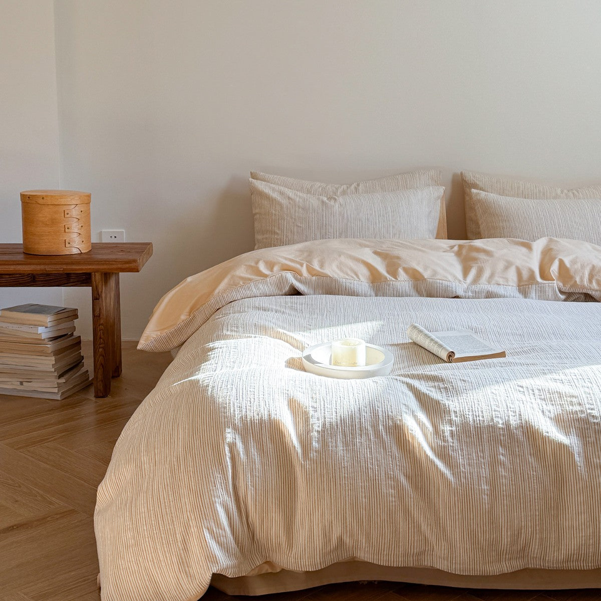 Maribel Striped Washed Cotton Bedding Set - Vanilla Cream