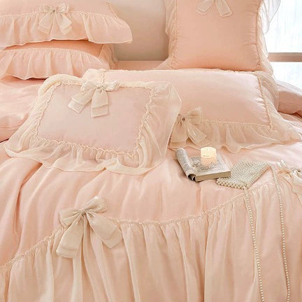 Pure Cotton Ribbon Bow Lace Ruffle Bedding Set - Pink