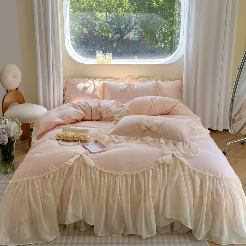Pure Cotton Ribbon Bow Lace Ruffle Bedding Set - Pink