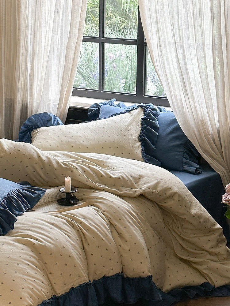 Fleurette Ruffled Double Gauze Bedding Set - Cobalt Bloom