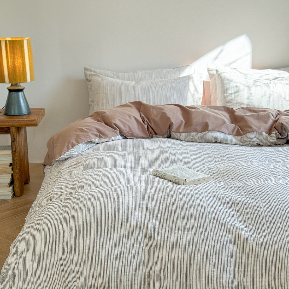 Maribel Striped Washed Cotton Bedding Set - Mocha Brown