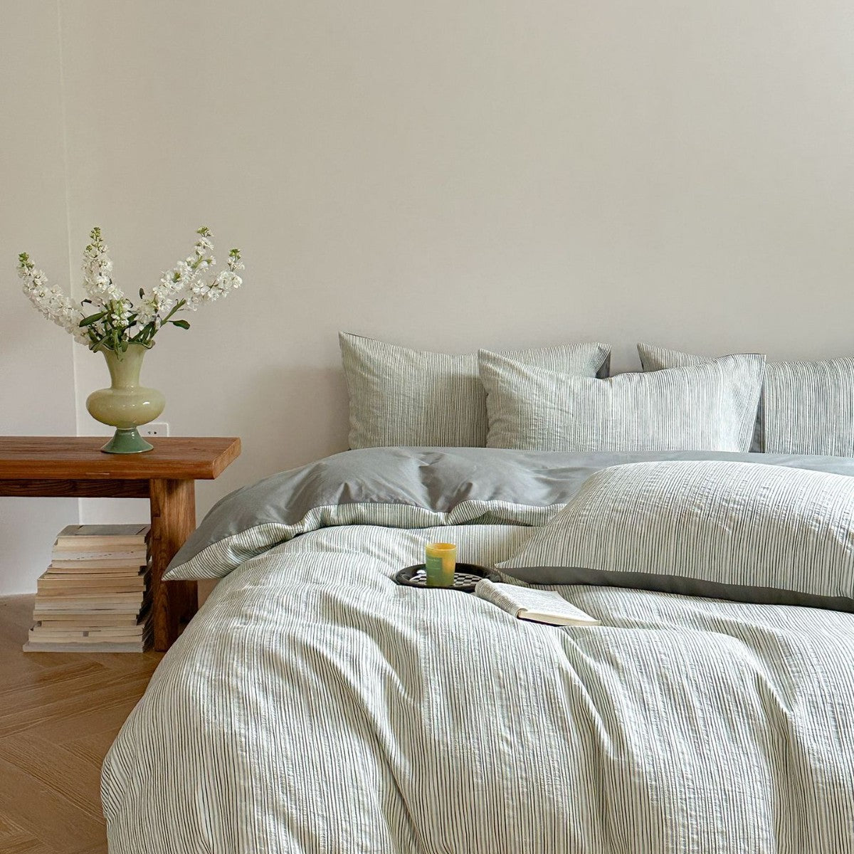 Maribel Striped Washed Cotton Bedding Set - Sage Green