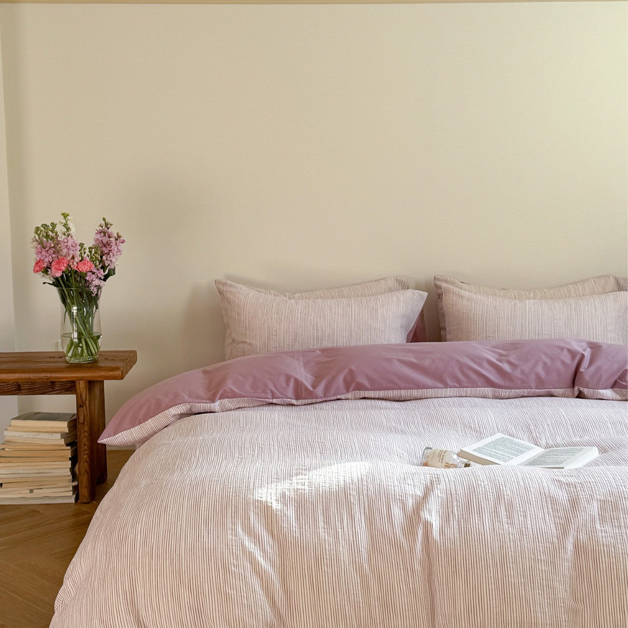 Maribel Striped Washed Cotton Bedding Set - Plum Mauve