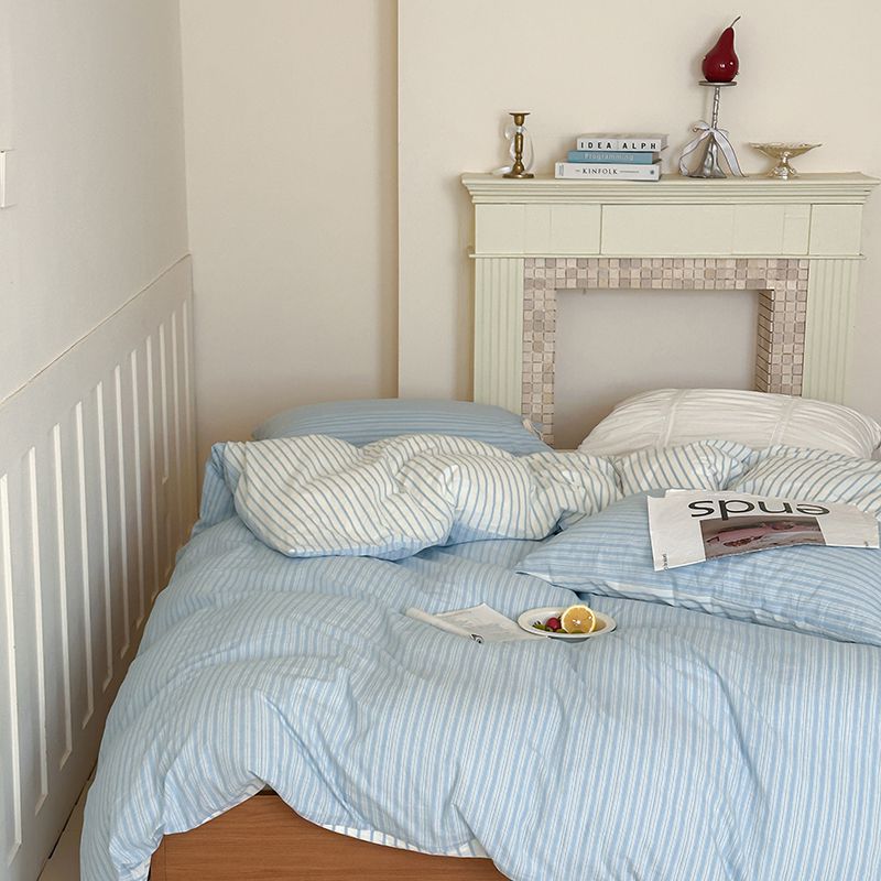 Washed Cotton Bow-Tie Pinstripe Bedding Set - Blue