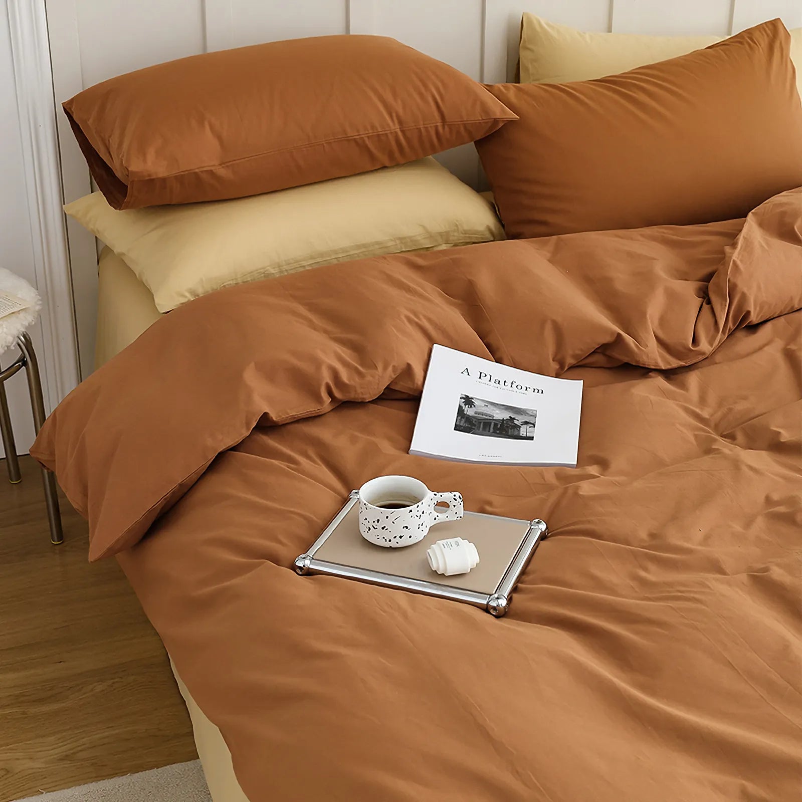 Soft pastel solid washed cotton duvet cover and pillowcases in a cozy minimalist bedroom – RoomDen