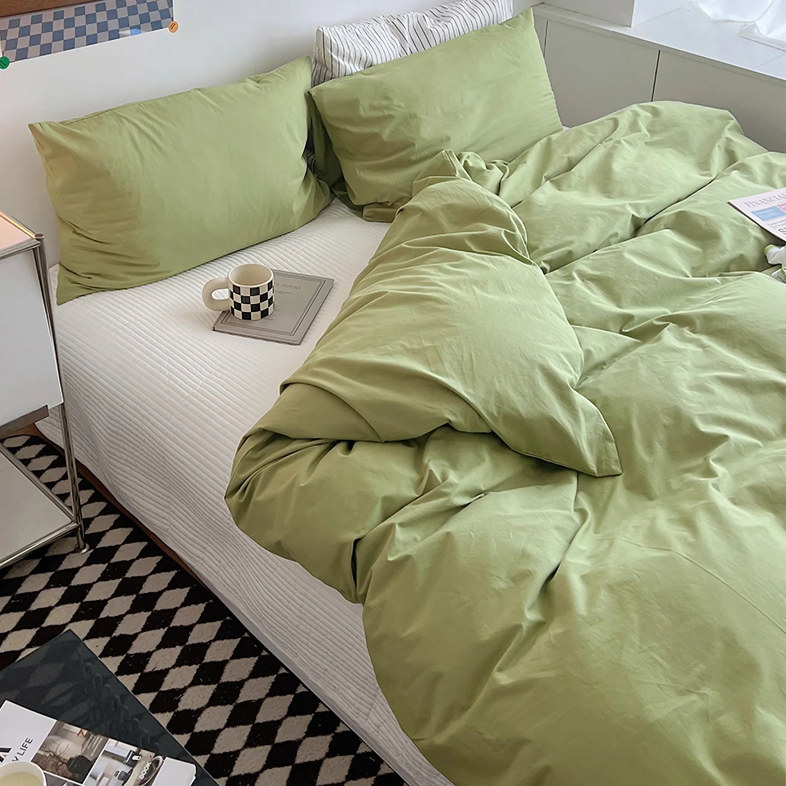 Soft pastel solid washed cotton duvet cover and pillowcases in a cozy minimalist bedroom – RoomDen