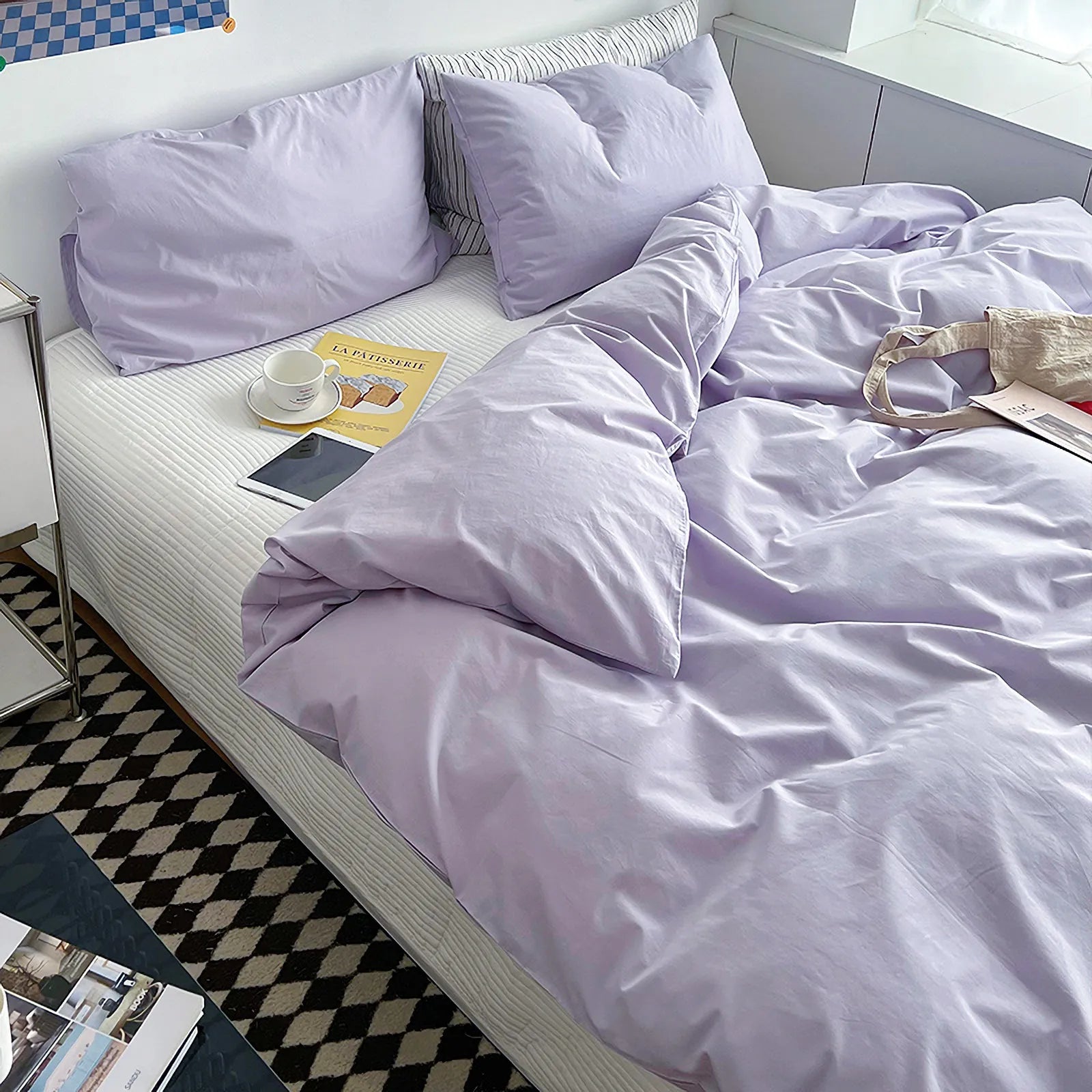 Soft pastel solid washed cotton duvet cover and pillowcases in a cozy minimalist bedroom – RoomDen