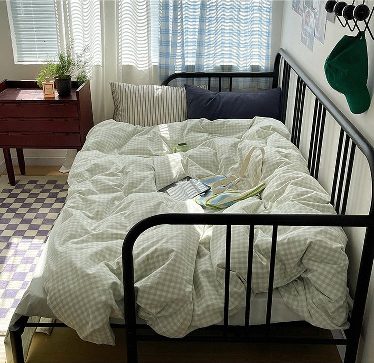 Astrid Gingham Washed Cotton Bedding Set - Mint Green