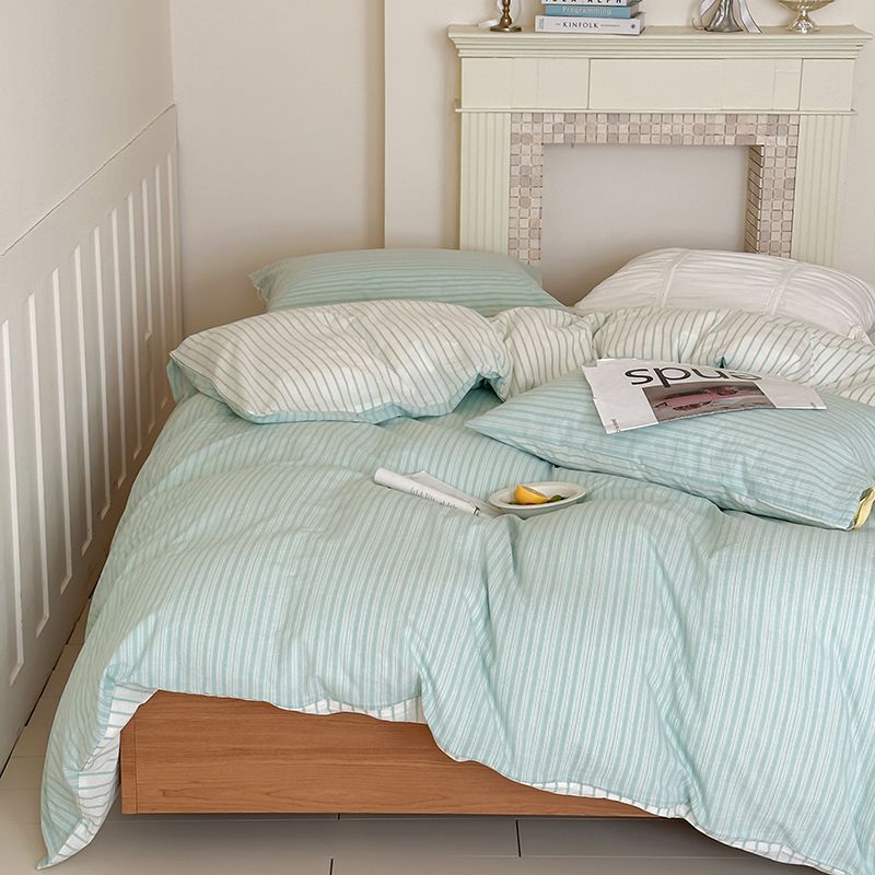 Washed Cotton Bow-Tie Pinstripe Bedding Set - Green