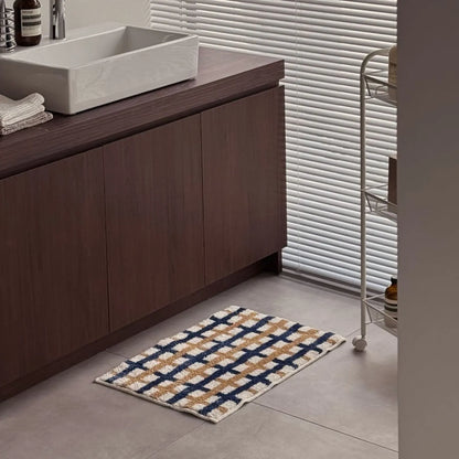 Bathroom scene showing the rug placed in front of a modern sink vanity - RoomDen