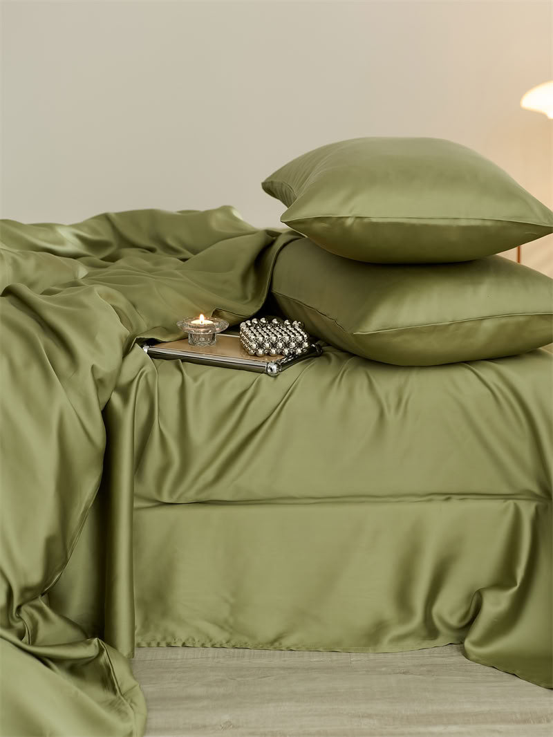 Smooth olive green Tencel bedsheet and pillowcases with elegant silky finish - RoomDen