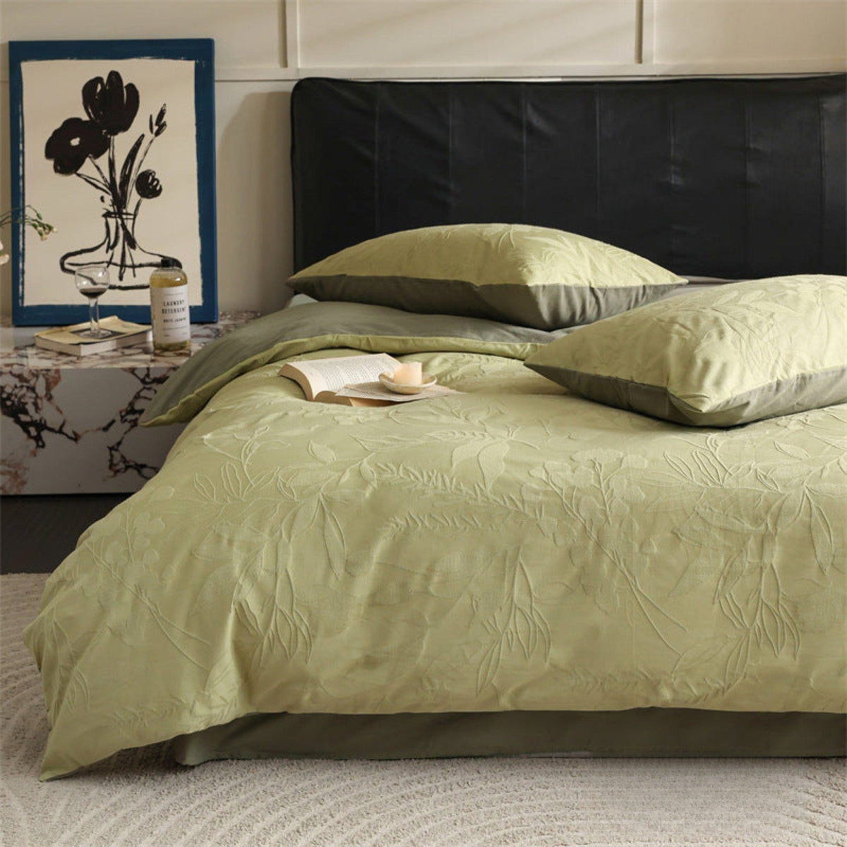 Brushed cotton jacquard bedding set – Pistachio Leaf, alternate view of the duvet and pillows - Roomden