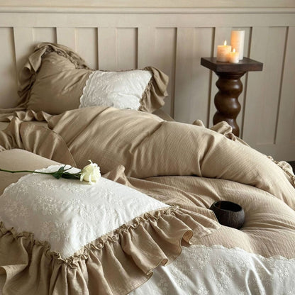 Wisteria Ruffled Double Gauze Bedding Set - Oat Khaki