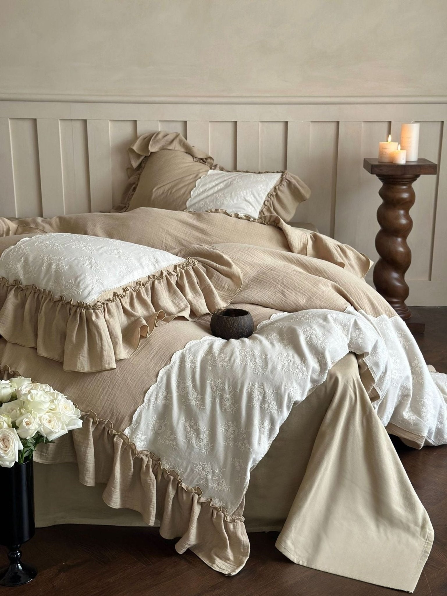 Wisteria Ruffled Double Gauze Bedding Set - Oat Khaki