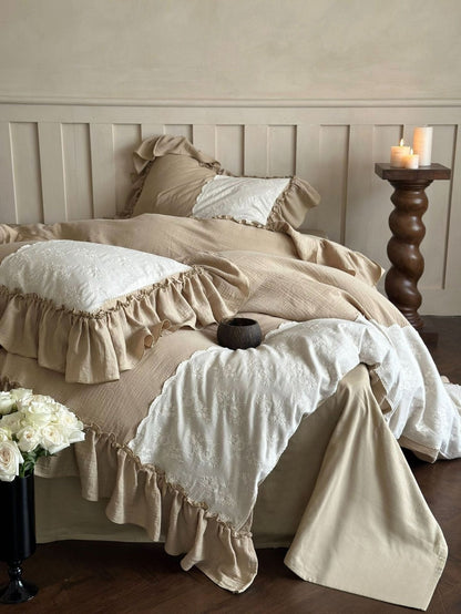 Wisteria Ruffled Double Gauze Bedding Set - Oat Khaki