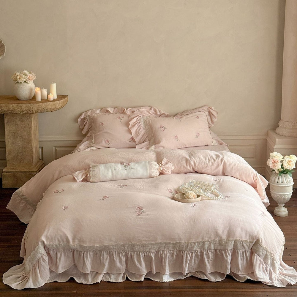 Fleuret Ruffle Lace Cotton Bedding Set - Rose Petal Pink
