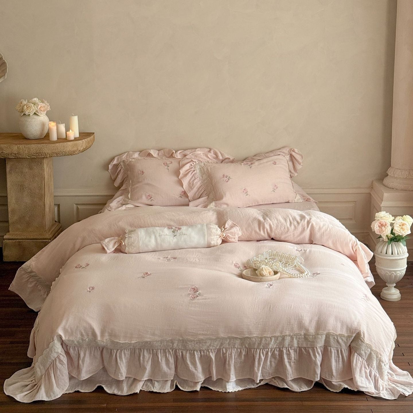 Fleuret Ruffle Lace Cotton Bedding Set - Rose Petal Pink