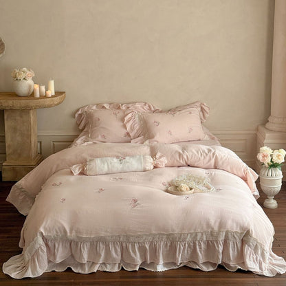 Fleuret Ruffle Lace Cotton Bedding Set - Rose Petal Pink