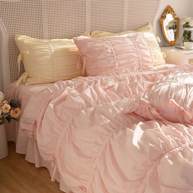 Larkspur Ruched Washed Cotton Bedding Set - Petal Pink