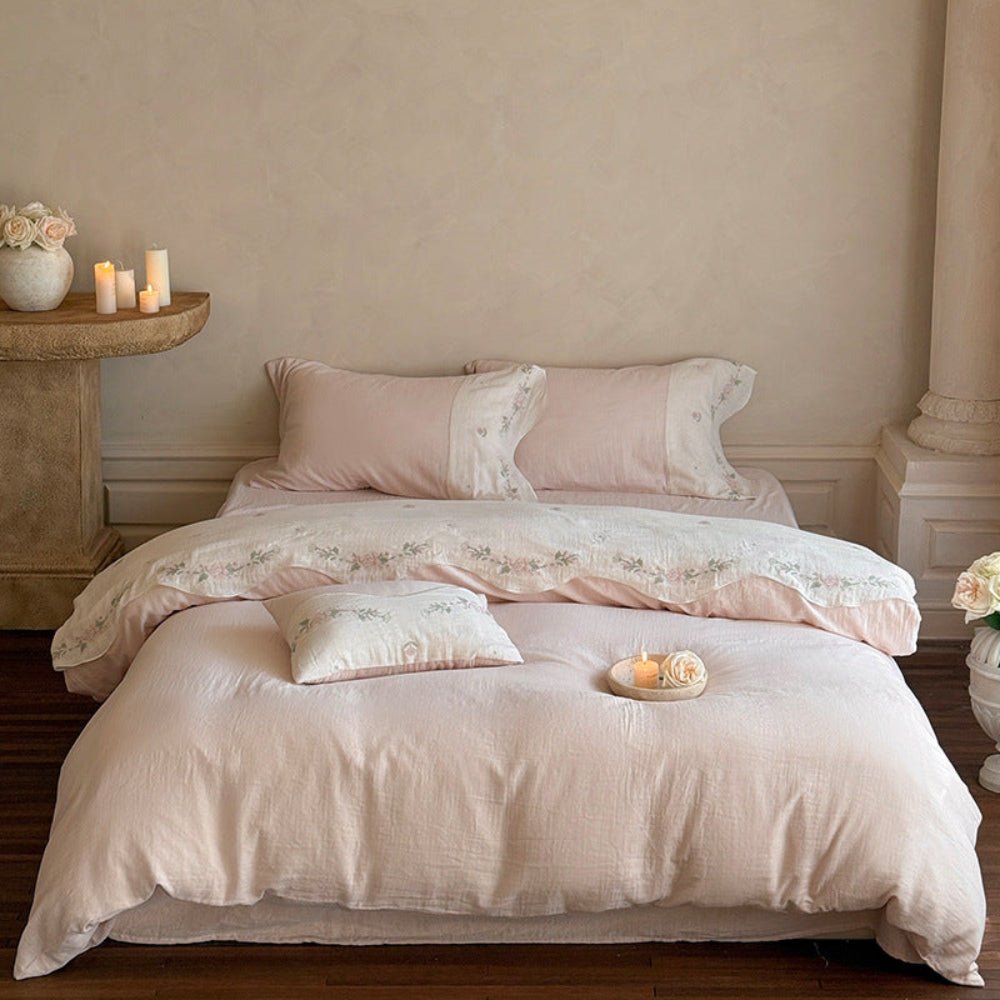 Marigold Embroidered Double Gauze Bedding Set - Blossom Pink