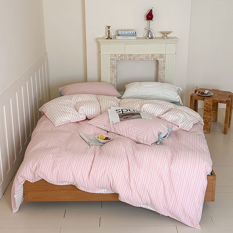 Washed Cotton Bow-Tie Pinstripe Bedding Set - Pink