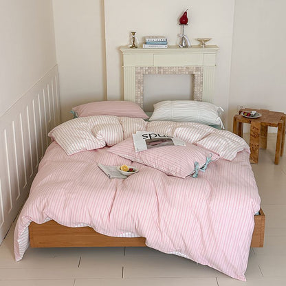 Washed Cotton Bow-Tie Pinstripe Bedding Set - Pink