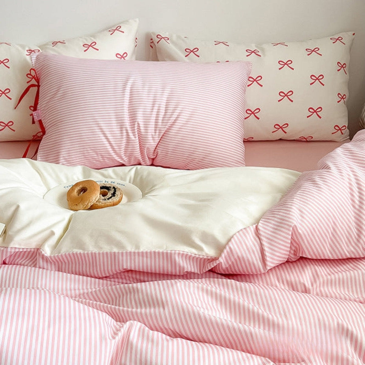 Bow striped cotton bedding set – Petal Pink, coordinated duvet and pillow view - Roomden