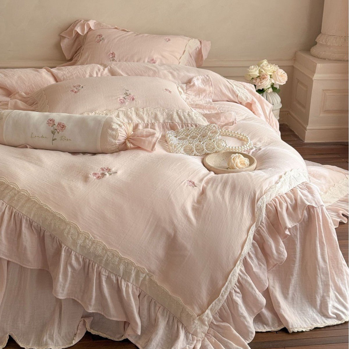 Fleuret Ruffle Lace Cotton Bedding Set - Rose Petal Pink