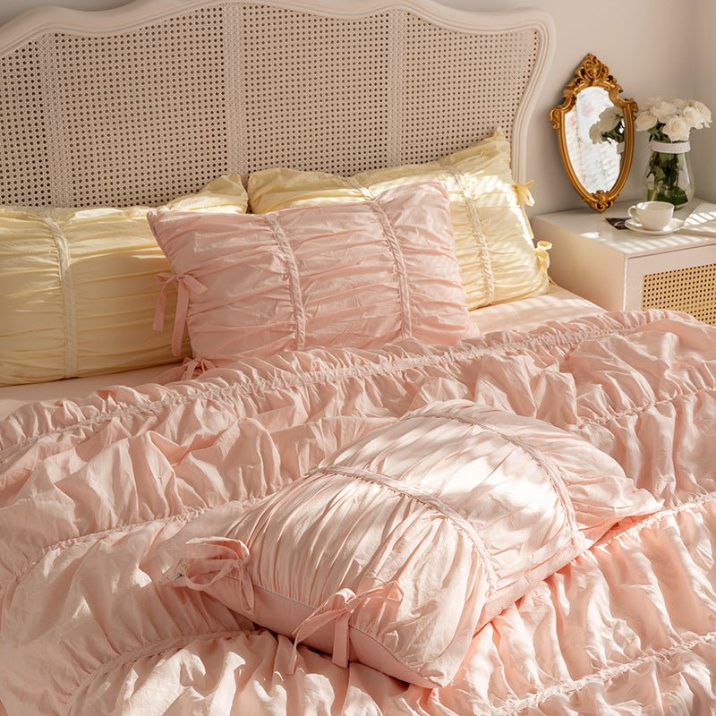 Larkspur Ruched Washed Cotton Bedding Set - Petal Pink