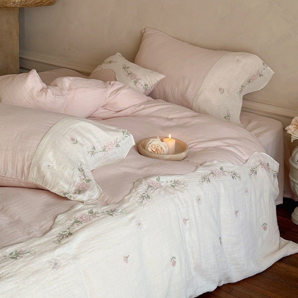 Marigold Embroidered Double Gauze Bedding Set - Blossom Pink