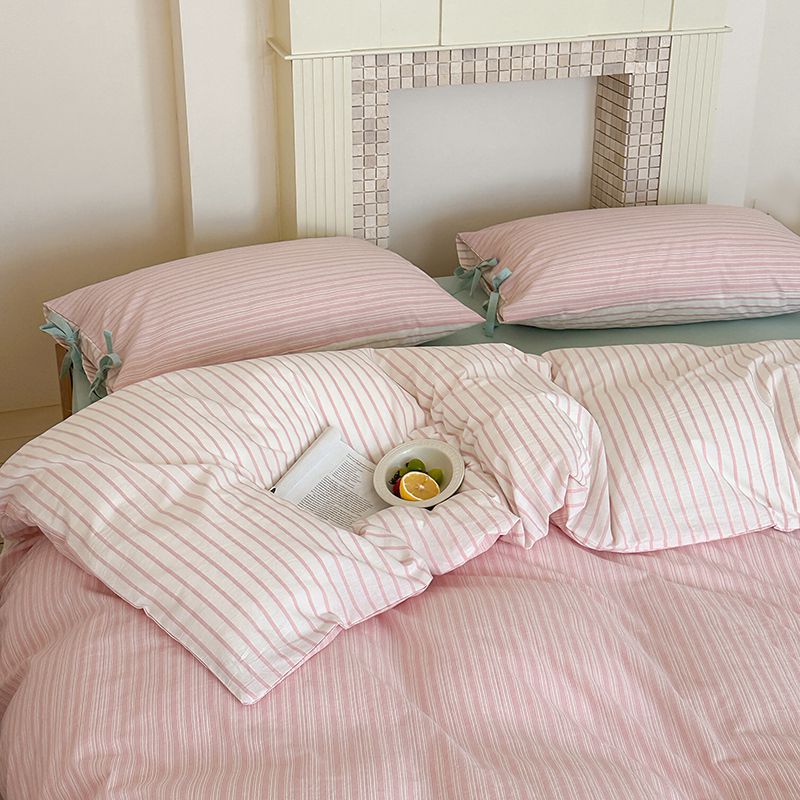 Washed Cotton Bow-Tie Pinstripe Bedding Set - Pink