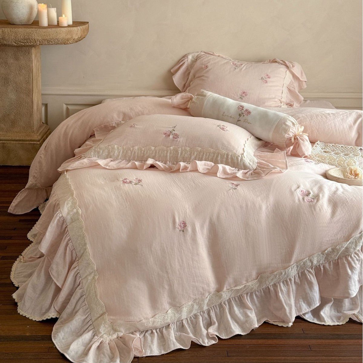 Fleuret Ruffle Lace Cotton Bedding Set - Rose Petal Pink