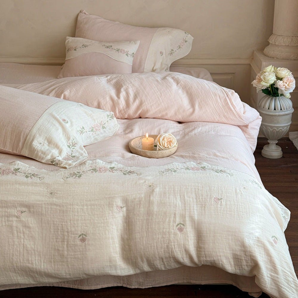Marigold Embroidered Double Gauze Bedding Set - Blossom Pink