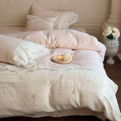 Marigold Embroidered Double Gauze Bedding Set - Blossom Pink