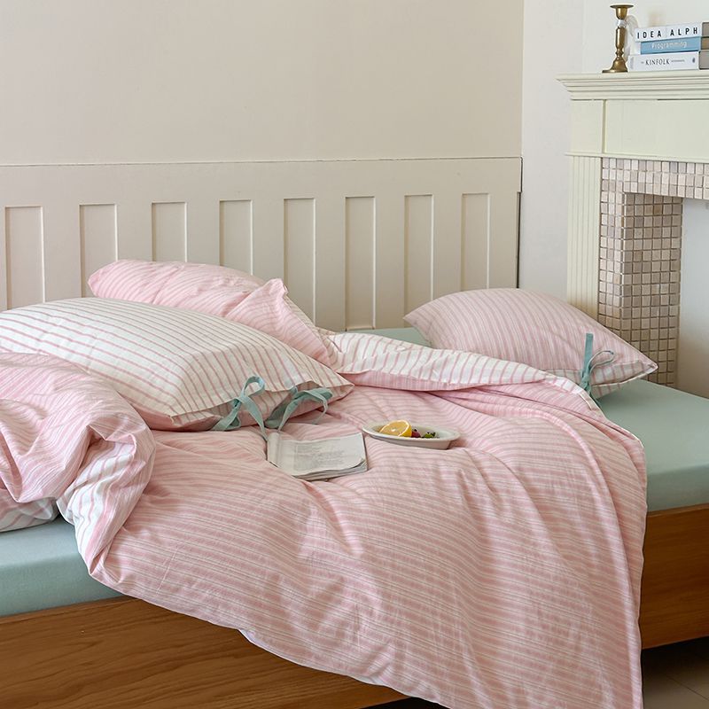 Washed Cotton Bow-Tie Pinstripe Bedding Set - Pink
