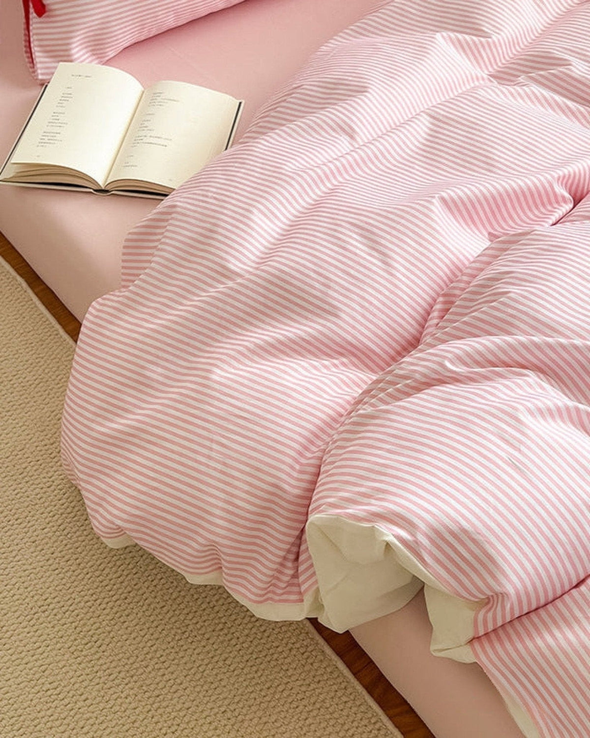 Bow striped cotton bedding set – Petal Pink, striped fabric, ribbon ties and pillow detail - Roomden
