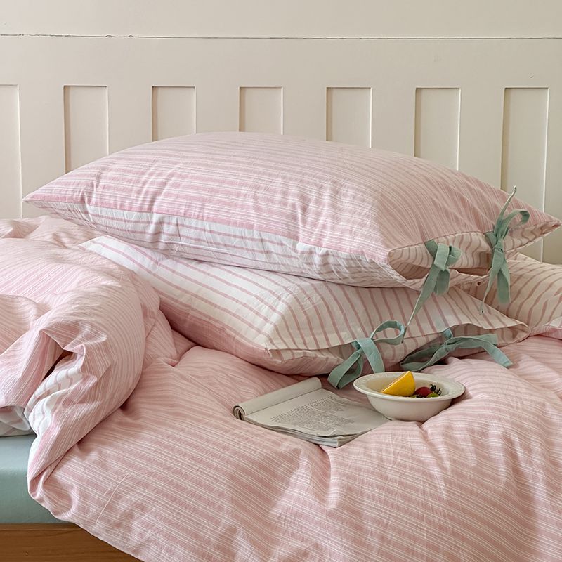 Washed Cotton Bow-Tie Pinstripe Bedding Set - Pink
