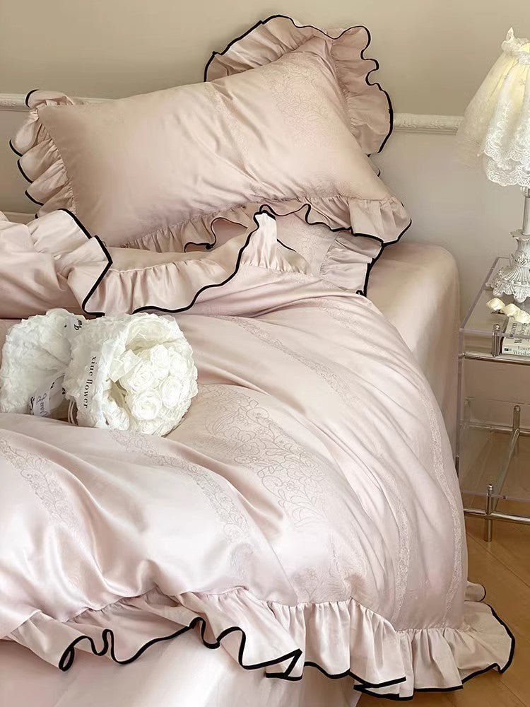 Chantelle Ruffle Jacquard Satin Bedding Set - room scene