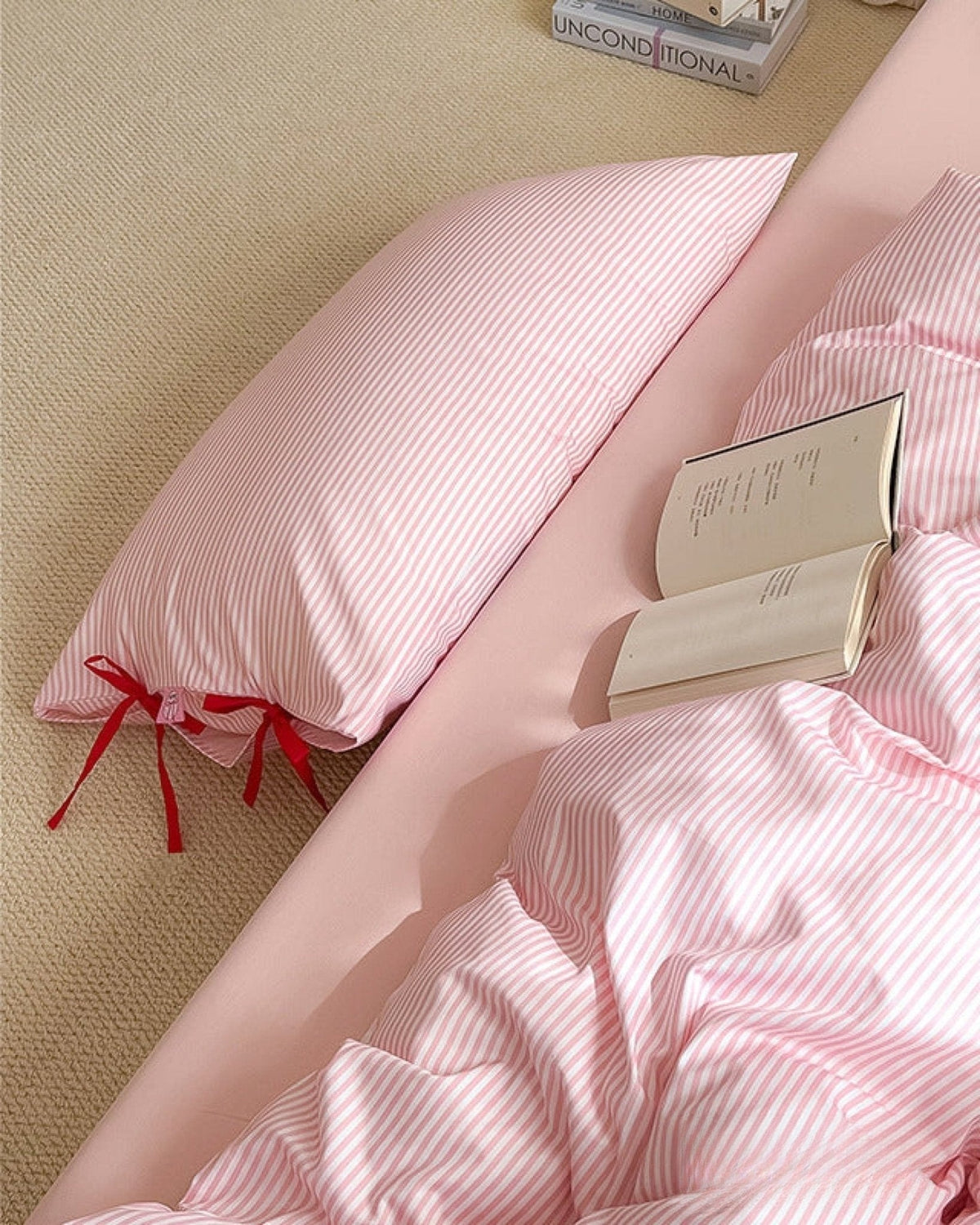 Bow striped cotton bedding set – Petal Pink, striped fabric, ribbon ties and pillow detail - Roomden