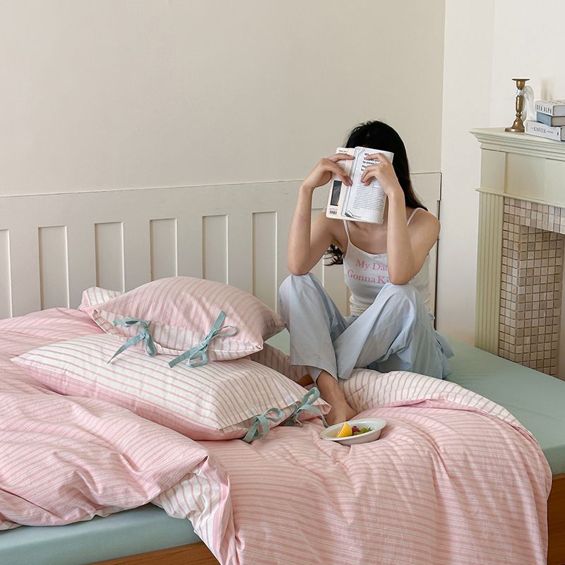 Washed Cotton Bow-Tie Pinstripe Bedding Set - Pink