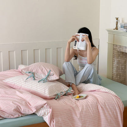 Washed Cotton Bow-Tie Pinstripe Bedding Set - Pink