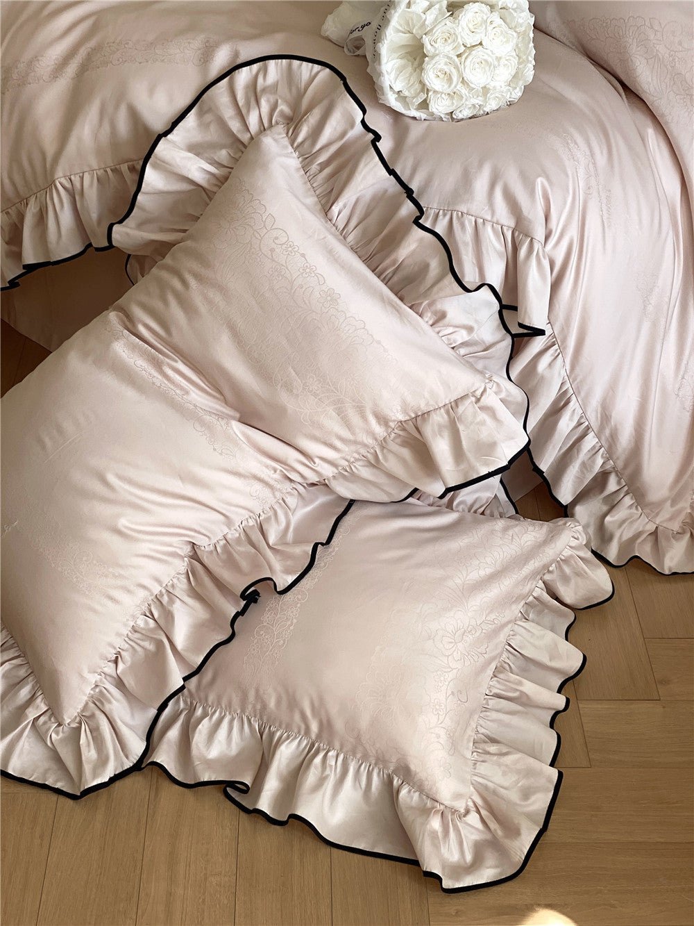 Chantelle Ruffle Jacquard Satin Bedding Set - room scene