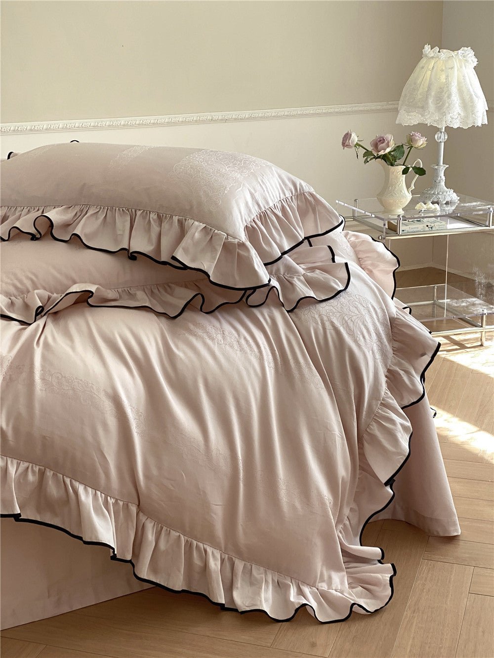 Chantelle Ruffle Jacquard Satin Bedding Set - room scene