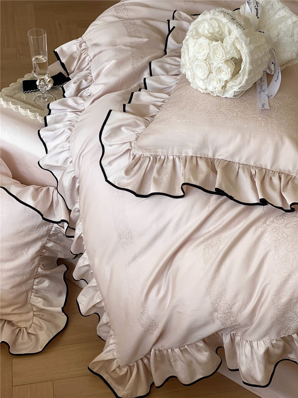 Chantelle Ruffle Jacquard Satin Bedding Set - room scene