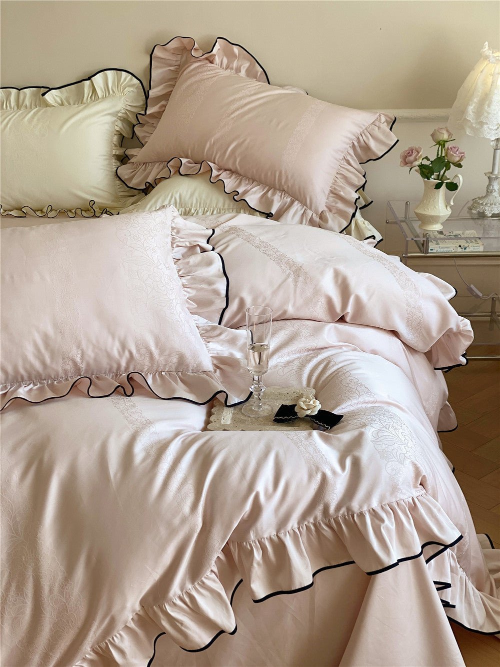 Chantelle Ruffle Jacquard Satin Bedding Set - room scene